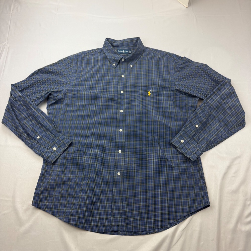 Ralph Lauren Button Down Shirt Mens XL Blue Plaid Custom Fit Long Sleeve Cotton